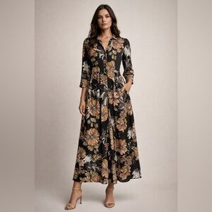 Zara Women’s Premium Denim Maxi Dress Button Front Side Pockets Collared Size S